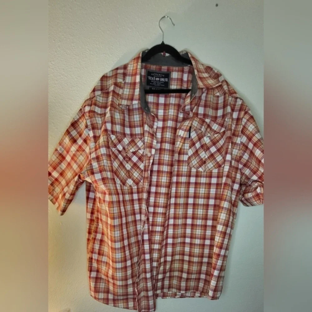 Ecko Unltd Mens 5XL Red Orange Plaid Short Sleeve‎ Western Button Down Shirt